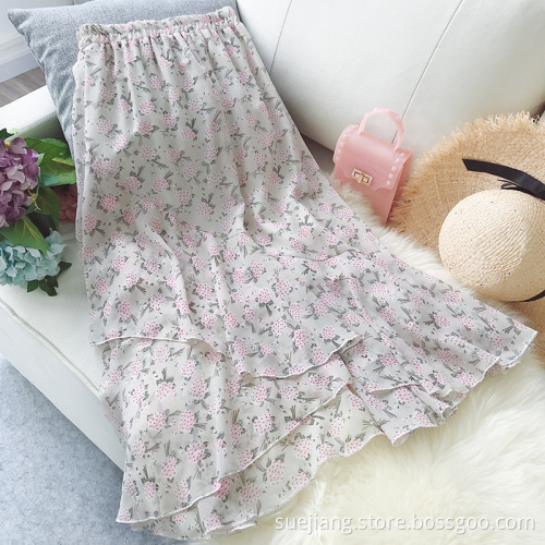 Women Printing Flower Chiffon Skirt Casual Dresses